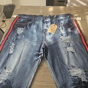 Distressed Blue Jeans with Red Stripe